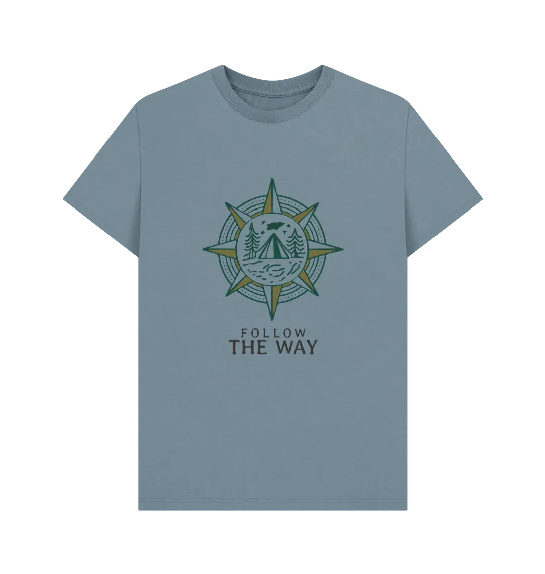 Stone Blue Printed T-shirt Front Adventure men’s t-shirt featuring compass and forest artwork