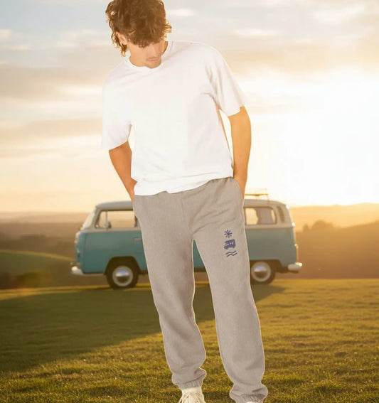 Van life Organic cotton fleece-lined joggers for coastal camping, van life adventures, and seaside exploration