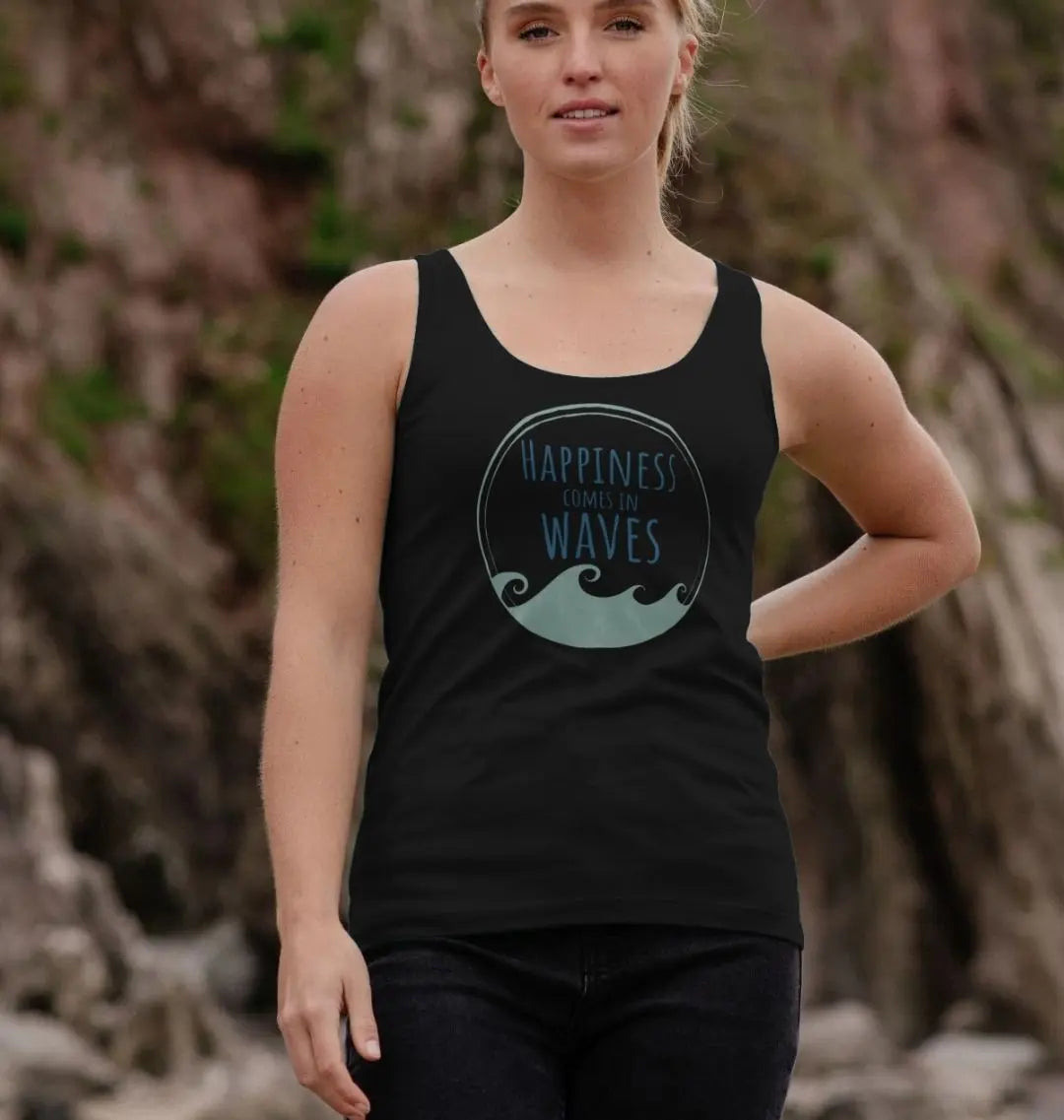 Happiness Comes In Waves Women's Vest Top Black Ocean-inspired women’s vest top with wave motif