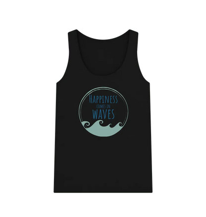 Happiness Comes In Waves Women's Vest Top Black Front Eco-friendly women’s wave graphic vest top with slogan