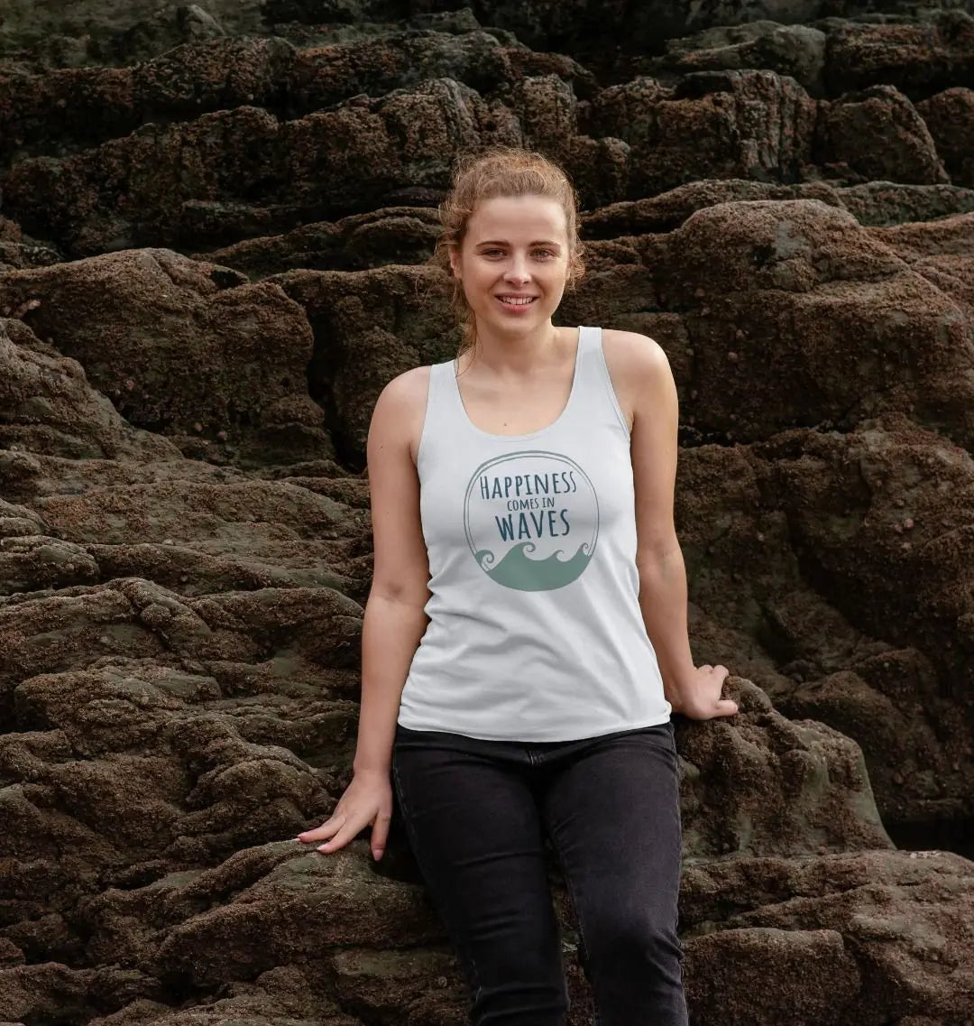 Happiness Comes In Waves women’s white vest top with ocean wave design