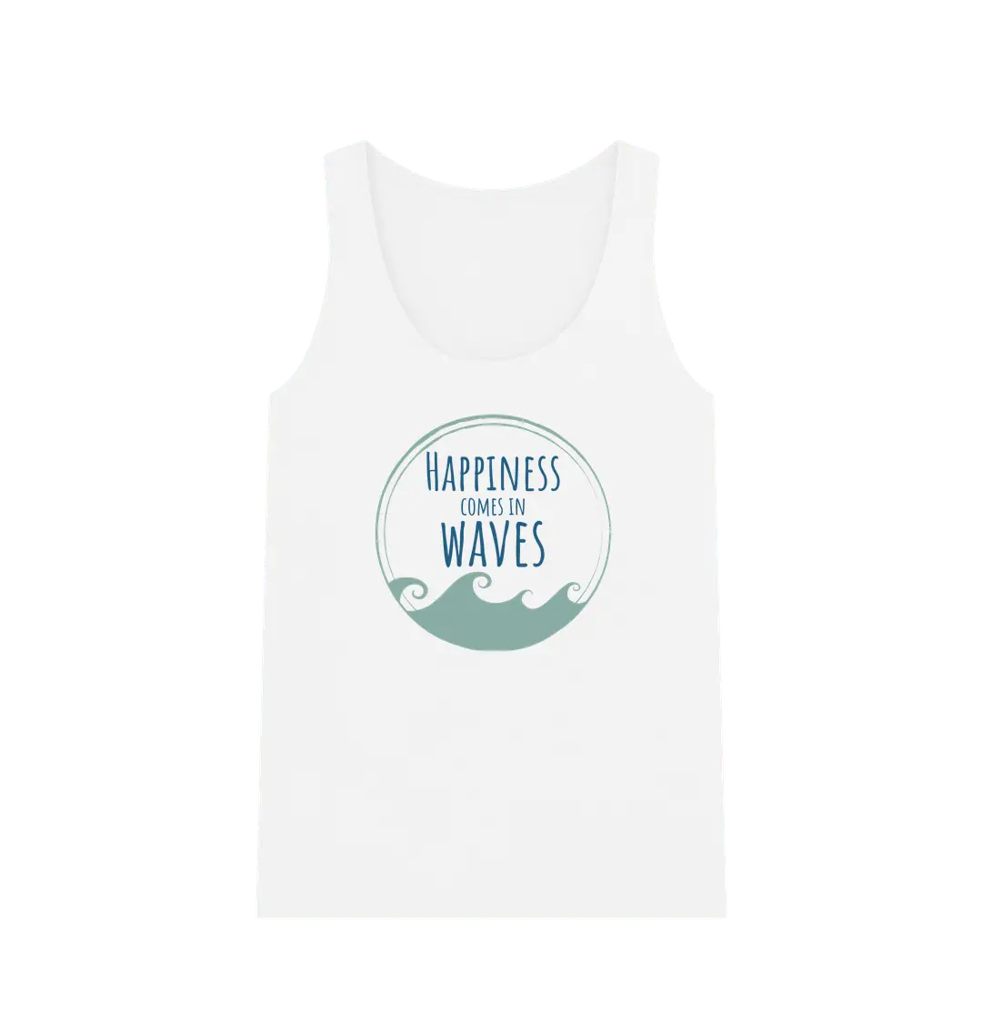 Happiness Comes In Waves Women's Vest Top White Front Eco-friendly women’s wave graphic vest top with slogan