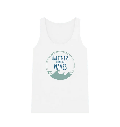 Happiness Comes In Waves Women's Vest Top White Front Eco-friendly women’s wave graphic vest top with slogan