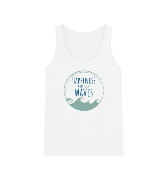 Happiness Comes In Waves Women's Vest Top White Front Eco-friendly women’s wave graphic vest top with slogan