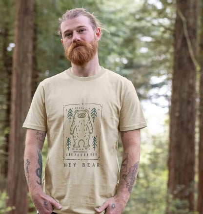 Beige Hey Bear men’s adventure t-shirt with bear in the woods front motif