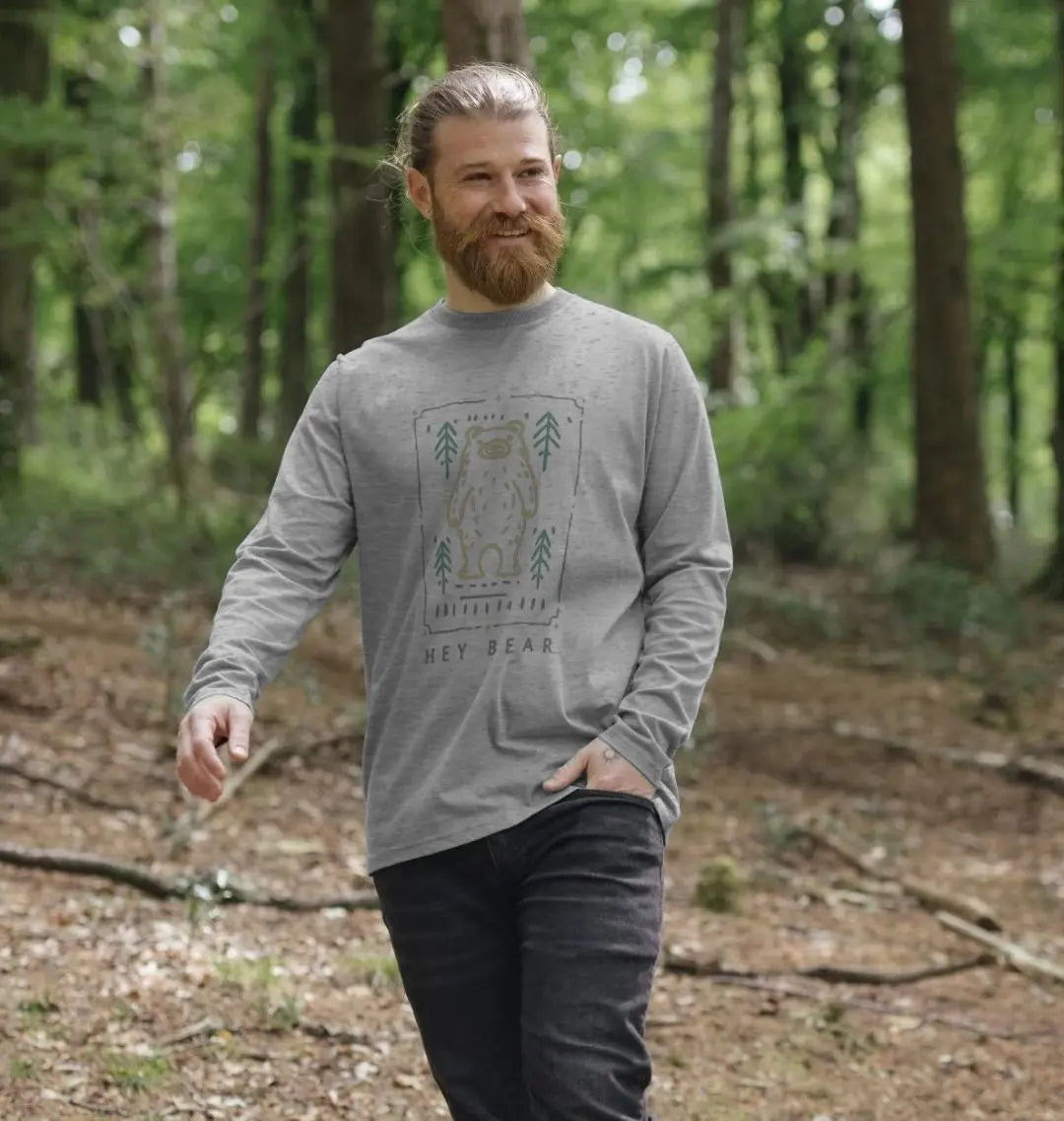 Hey Bear grey Men’s long sleeve graphic top with bear in nature artwork
