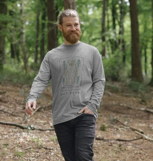 Hey Bear grey Men’s long sleeve graphic top with bear in nature artwork