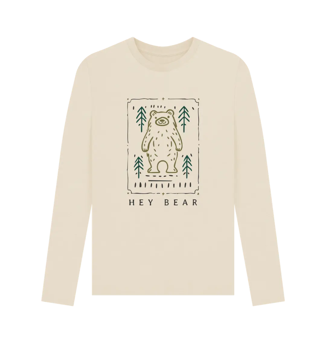 Oat Printed Long Sleeve T Shirt Front Sustainable men’s outdoor top featuring bear and forest motif