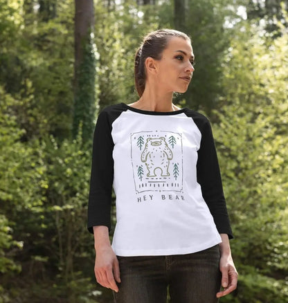 Hey Bear Women’s Baseball Top with bear in the woods design, eco-friendly long-sleeve adventure shirt