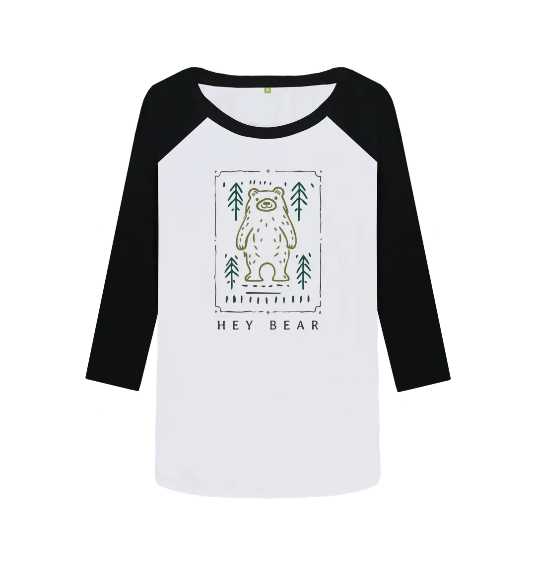 Hey Bear Women’s Baseball Top with bear in the woods design, eco-friendly long-sleeve adventure shirt