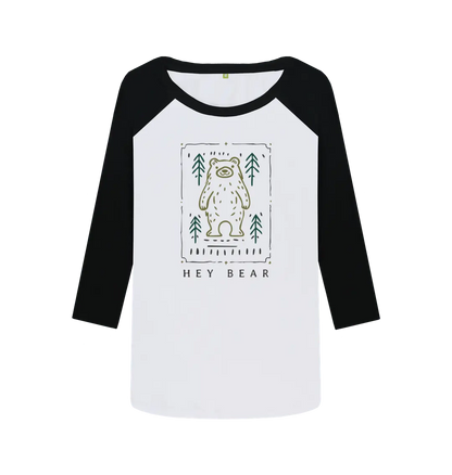 Hey Bear Women’s Baseball Top with bear in the woods design, eco-friendly long-sleeve adventure shirt
