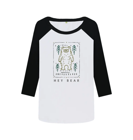 Hey Bear Women’s Baseball Top with bear in the woods design, eco-friendly long-sleeve adventure shirt
