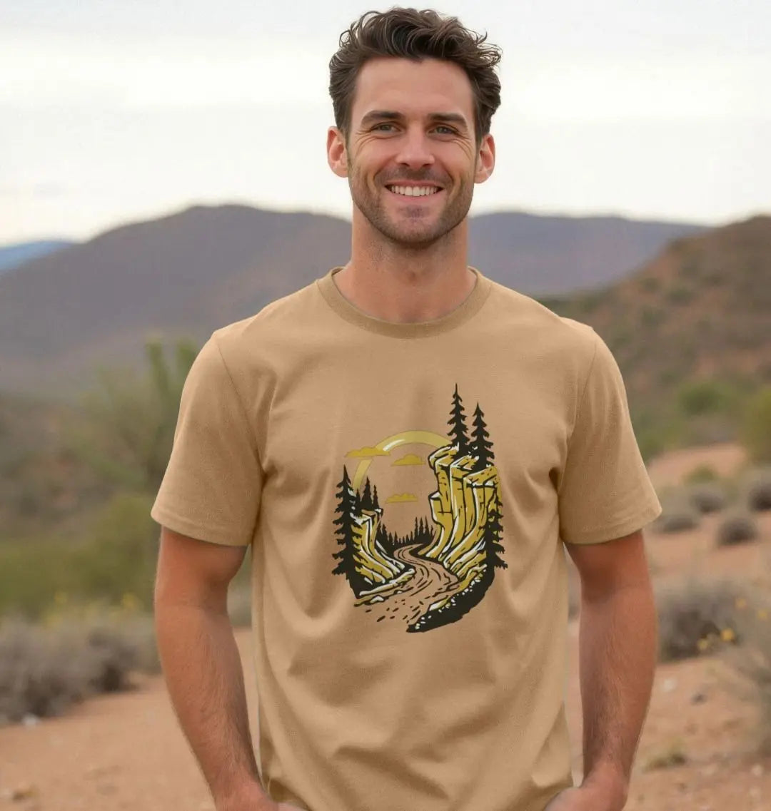 Adventure men’s t-shirt featuring hidden trail mountain landscape graphic