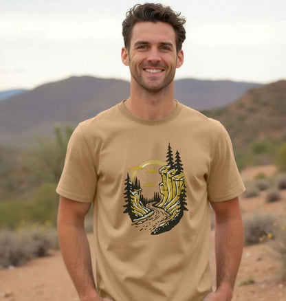 Adventure men’s t-shirt featuring hidden trail mountain landscape graphic