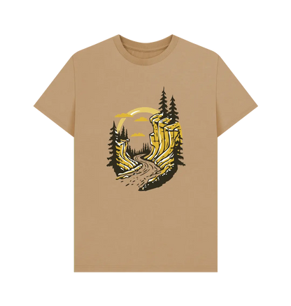 Adventure men’s t-shirt featuring hidden trail mountain landscape graphic