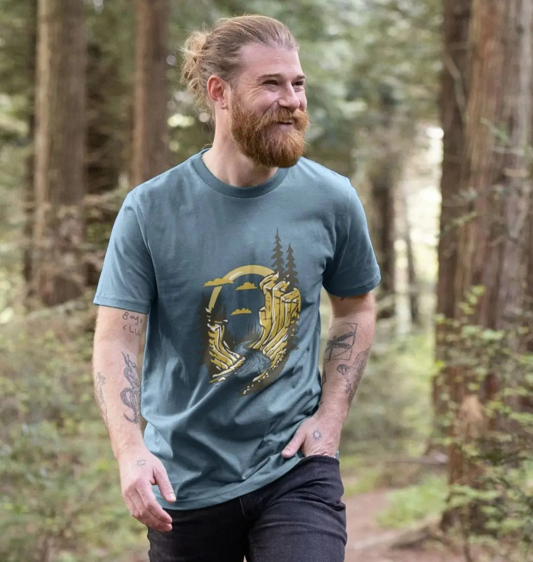 Eco-friendly hiking t-shirt for men with trail and mountain graphic design
