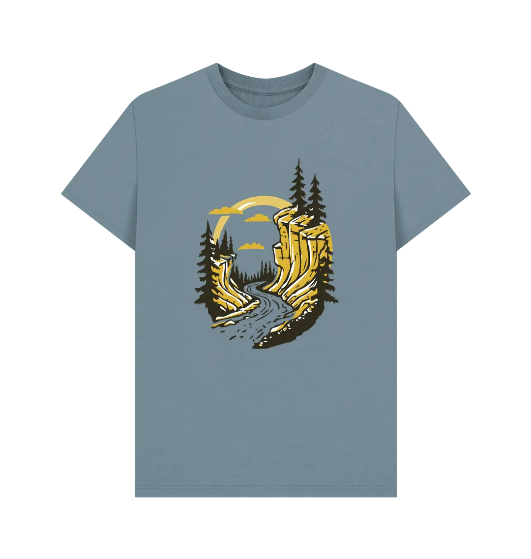 Hidden Trails men’s adventure t-shirt with mountain and winding path back motif