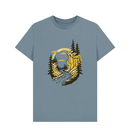 Hidden Trails men’s adventure t-shirt with mountain and winding path back motif