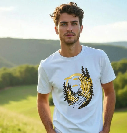 Organic cotton men’s outdoor adventure shirt with mountain artwork