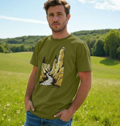 Sustainable outdoor apparel men’s t-shirt with mountain landscape design