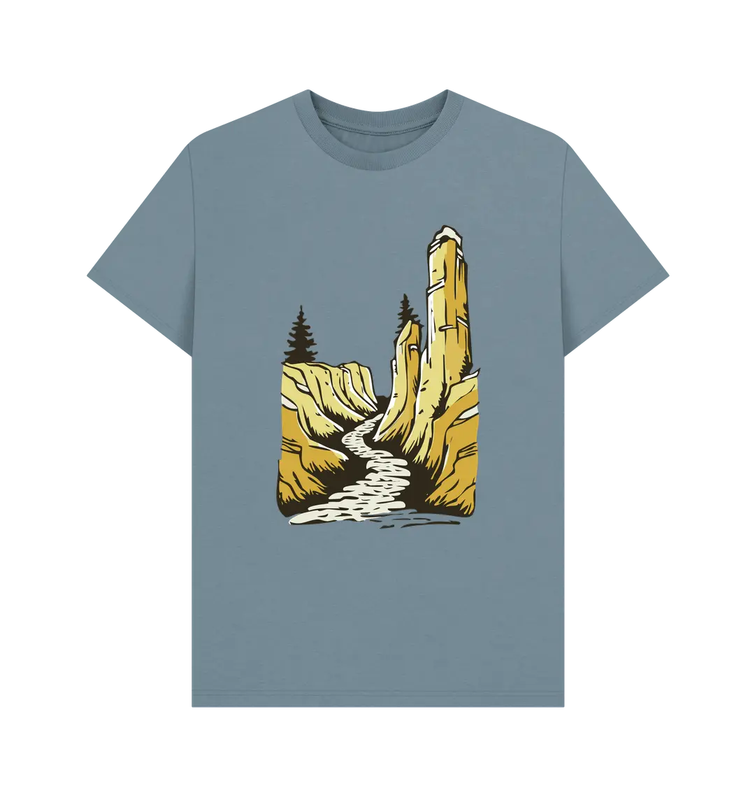 Organic cotton men’s mountain hiking shirt with outdoor artwork