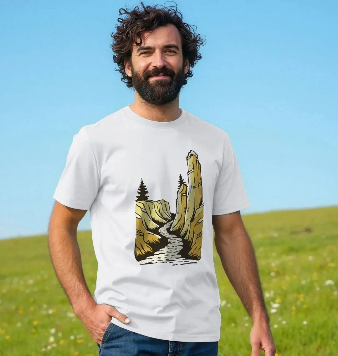 Eco-friendly adventure t-shirt for men with winding mountain trail graphic