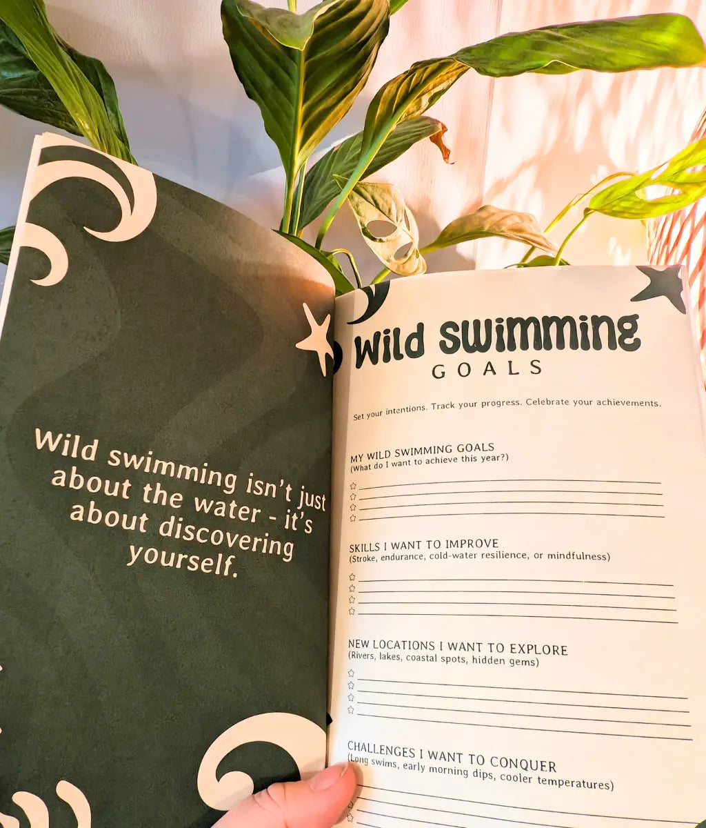 Interior pages of Wild Swim Planner showing goal setting and swim log for outdoor swimmers.
