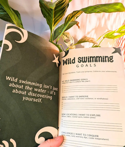 Interior pages of Wild Swim Planner showing goal setting and swim log for outdoor swimmers.