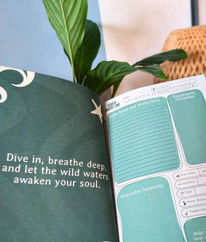 Open wild swimming planner showing a wild swimming quote and a daily swim log to journal about wild swims.