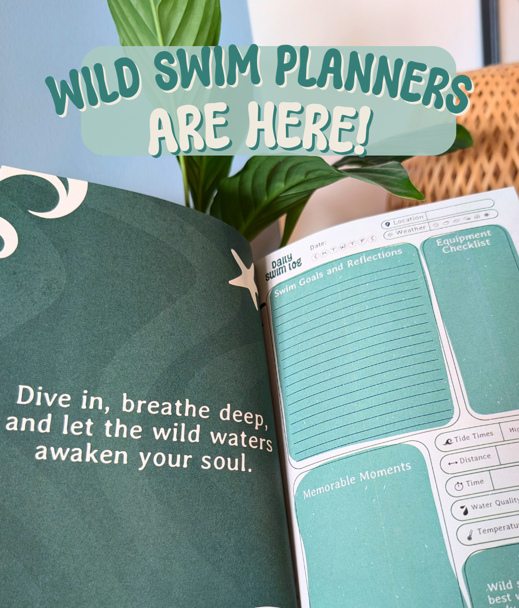 Interior pages of Wild Swim Planner showing goal setting and swim log for outdoor swimmers.
