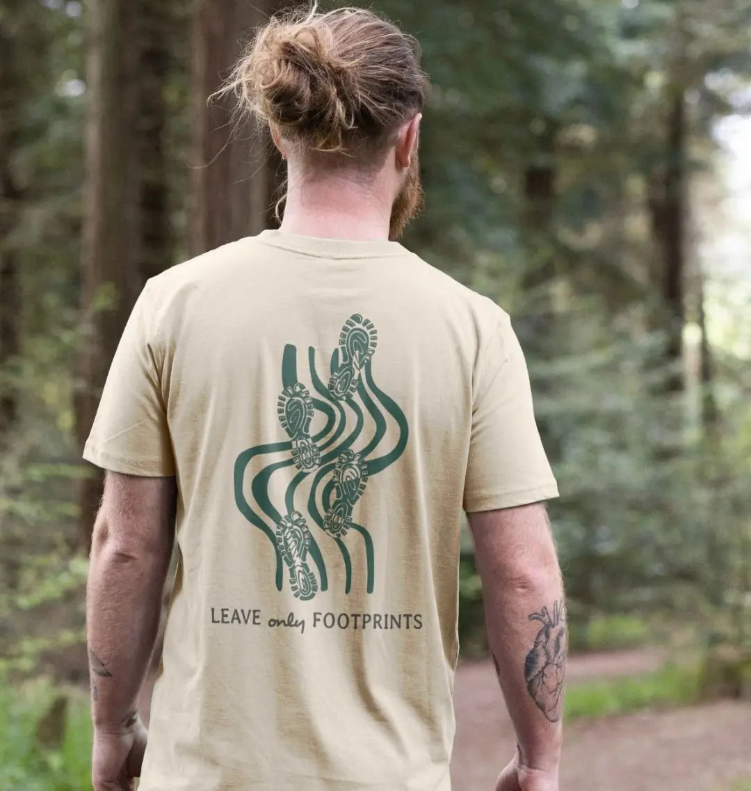 Leave Only Footprints men’s adventure t-shirt with footprint path back motif