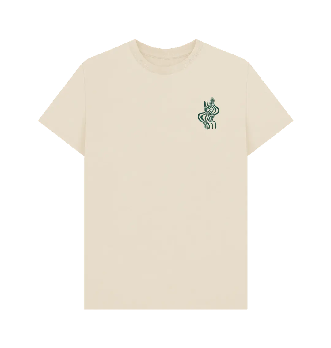 Oat Printed T-shirt Front Sustainable men’s mountain hiking t-shirt with path and footprints motif