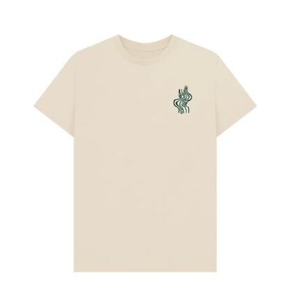 Oat Printed T-shirt Front Sustainable men’s mountain hiking t-shirt with path and footprints motif