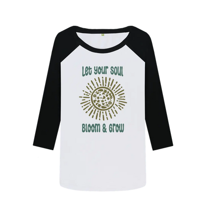 Let Your Soul Bloom and Grow Women’s Baseball Top with floral design and inspirational message, eco-friendly long-sleeve adventure shirt