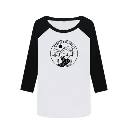 Black-White Printed Baseball T-shirt Front Wilderness adventure baseball top for women with Made to Explore motif