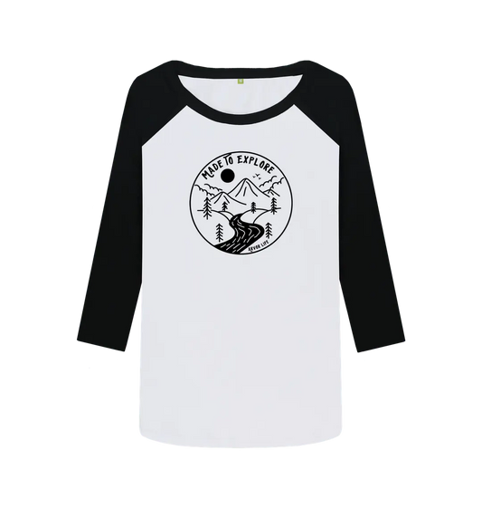 Black-White Printed Baseball T-shirt Front Wilderness adventure baseball top for women with Made to Explore motif