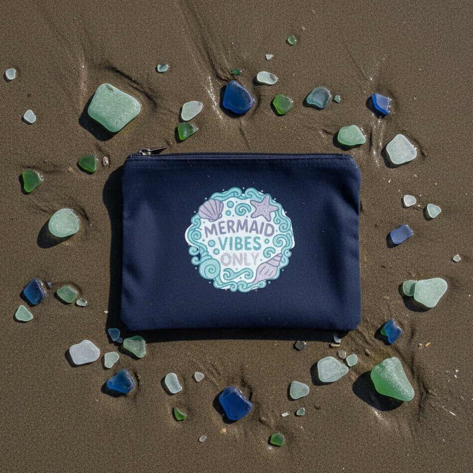 Navy blue pouch with 'Mermaid Vibes Only' design on a white background for summer accessories