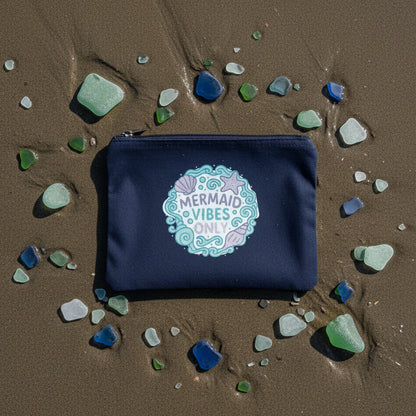 Navy blue pouch with 'Mermaid Vibes Only' design on a white background for summer accessories