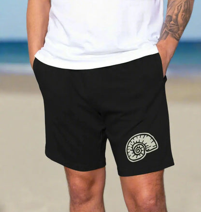 Nautilus Men’s Shorts with fossil-inspired shell design, eco-friendly jogger shorts for surfers and ocean lovers