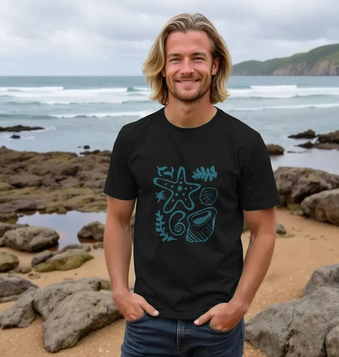 Ocean Vibes men’s adventure t-shirt with starfish seashell seaweed design