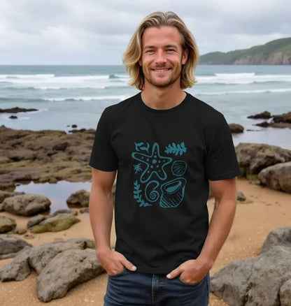 Ocean Vibes men’s adventure t-shirt with starfish seashell seaweed design