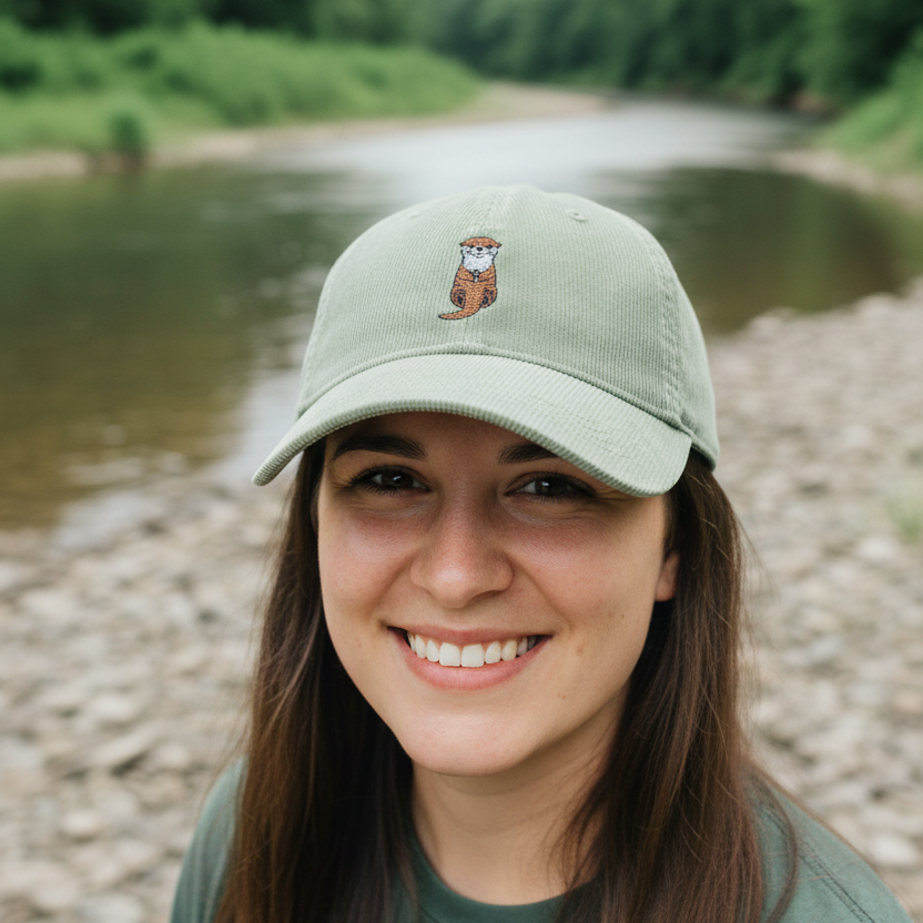 Organic cotton corduroy hat with an otter embroidered on the front. 