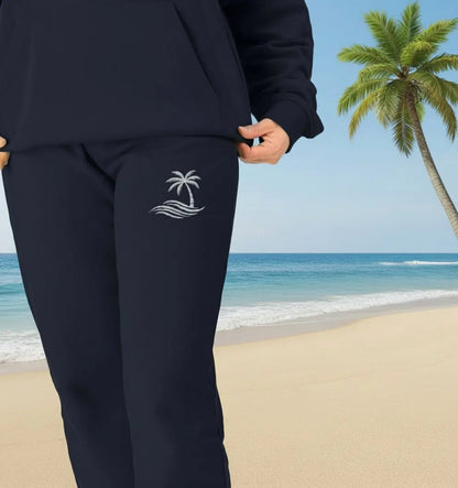 Woman wearing Palm Trees Jogging Bottoms organic cotton fleece-lined joggers for beach lovers and coastal adventures