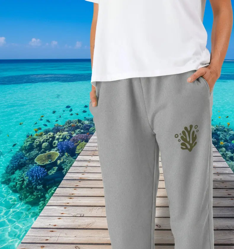 Man wearing Reefside Jogging Bottoms organic cotton fleece-lined joggers for surf and beach adventures