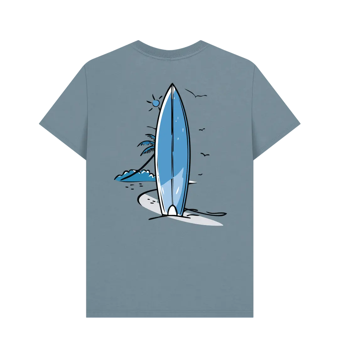 Beach and surf scene men’s t-shirt with surfboard design