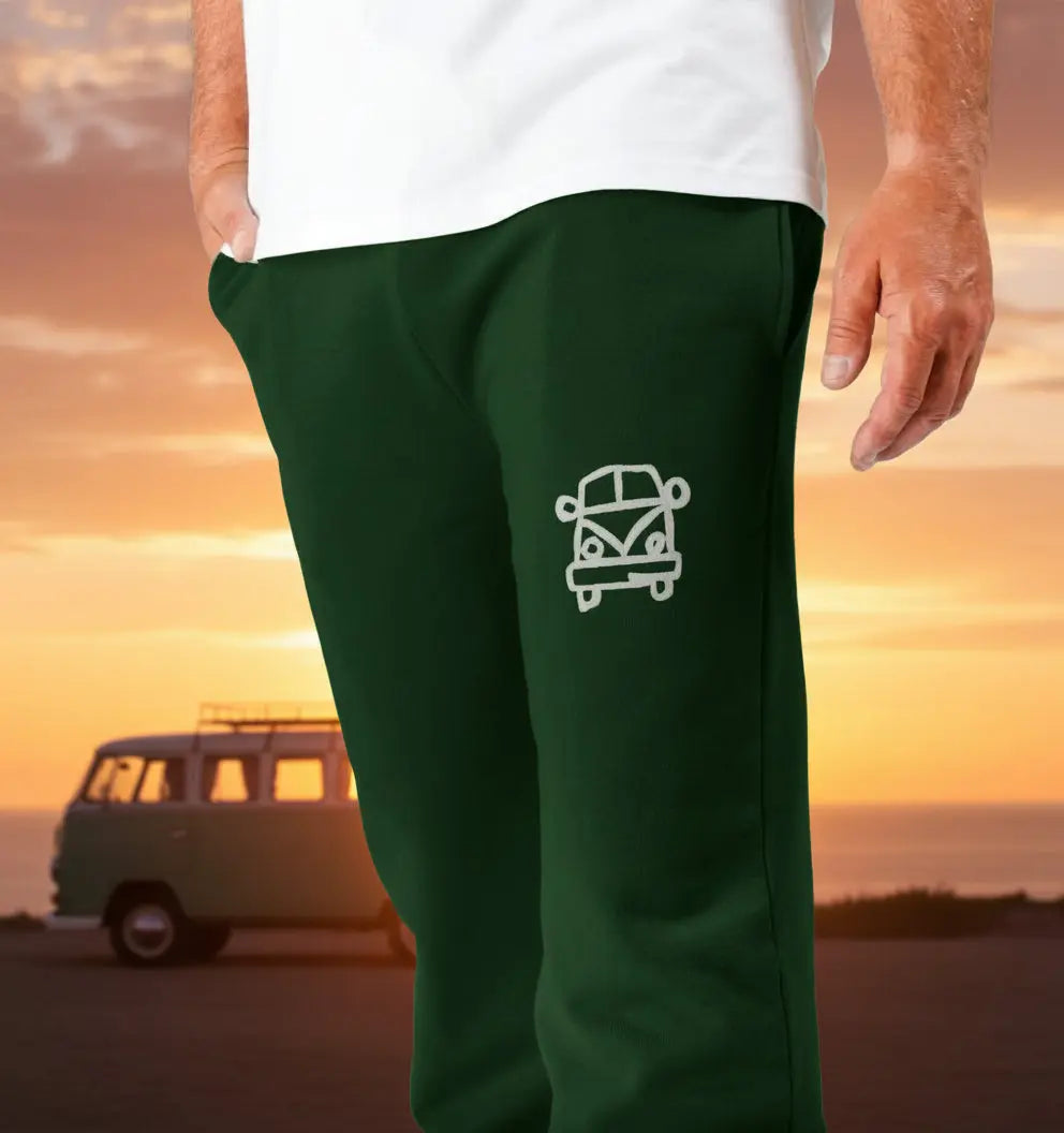Man wearing Roadtrip Jogging Bottoms organic cotton fleece-lined joggers for van life and travel adventures