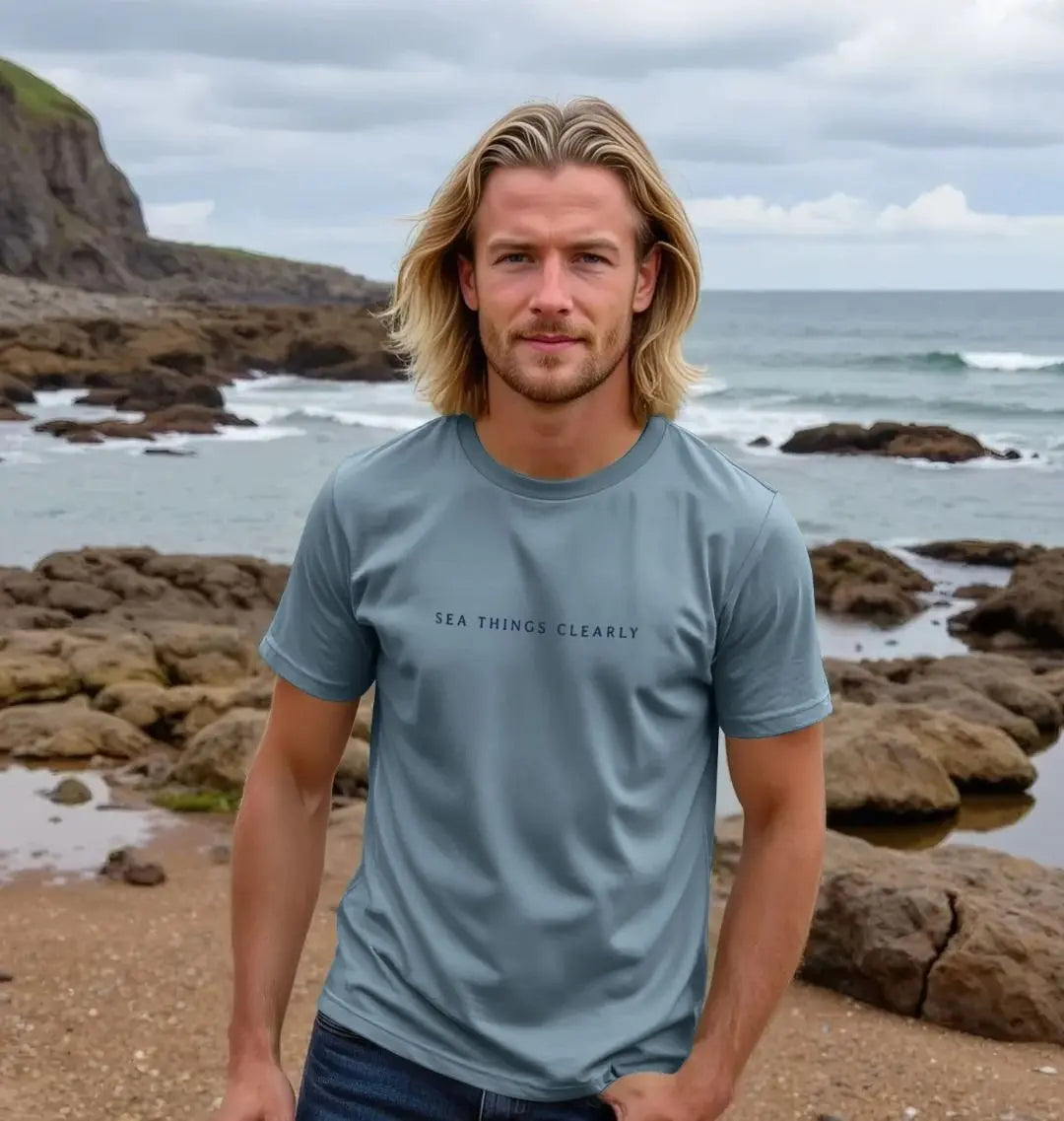 Sea Things Clearly men’s snorkelling and diving t-shirt with snorkel mask and coral design