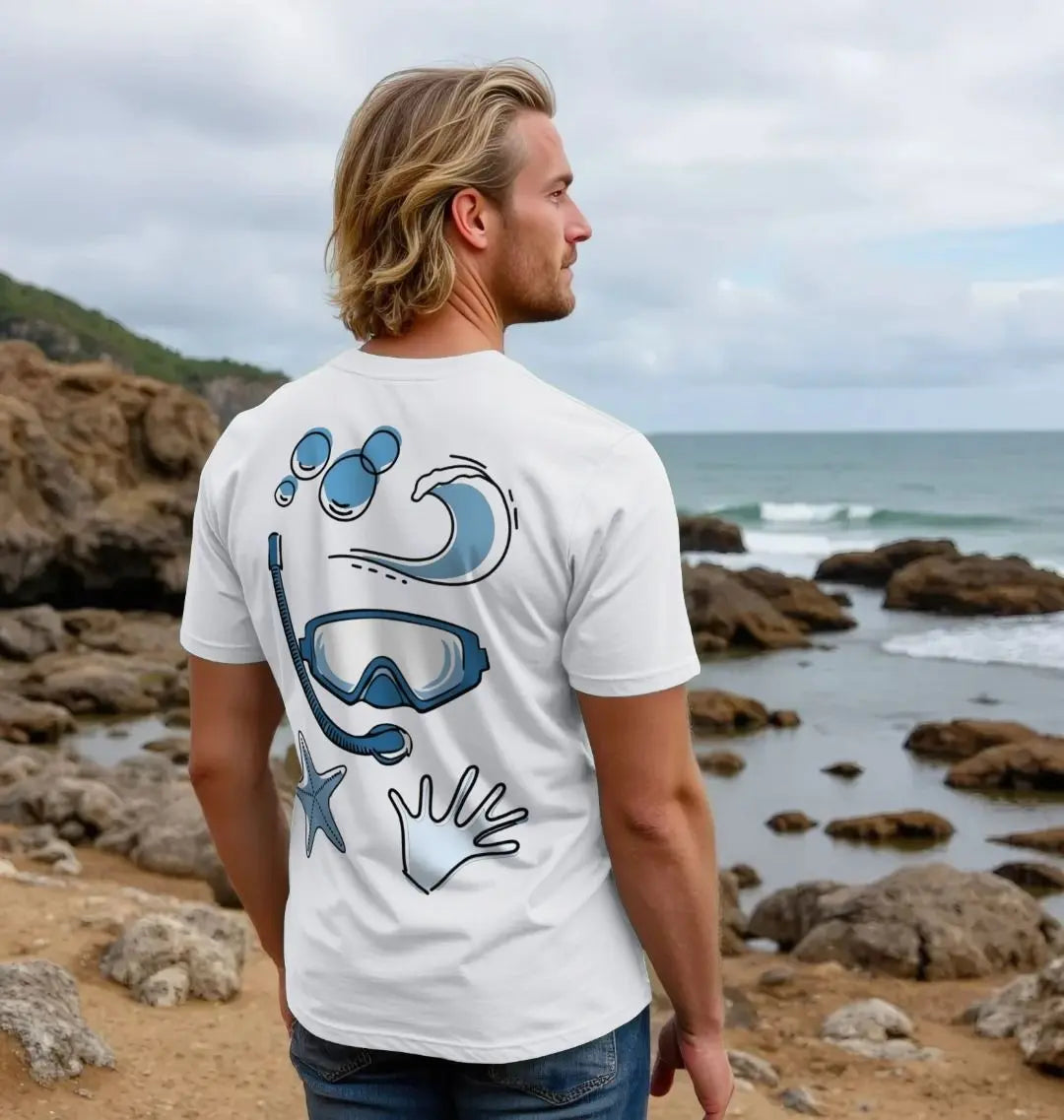 Eco-friendly men’s diving tee with starfish and waves back graphic