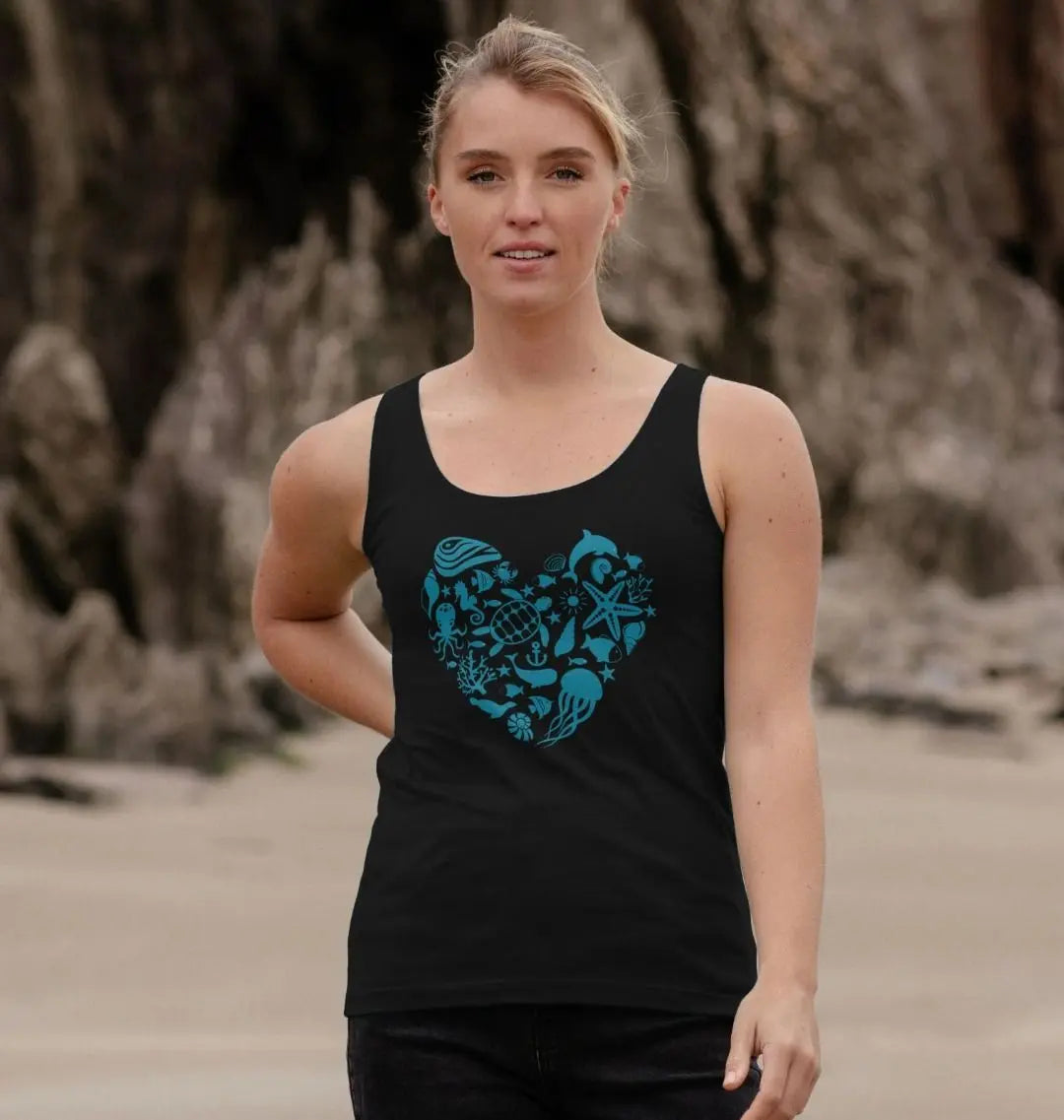 Sea at Heart Women's Vest Top Black Sustainable women’s tank top featuring sea-inspired artwork