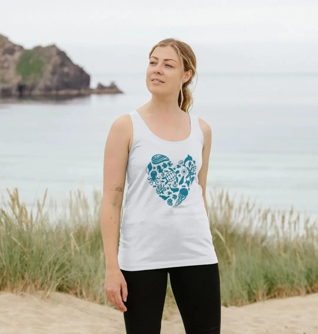 Sea at Heart Women's Vest Top white Eco-friendly women’s ocean vest top with sea life graphic